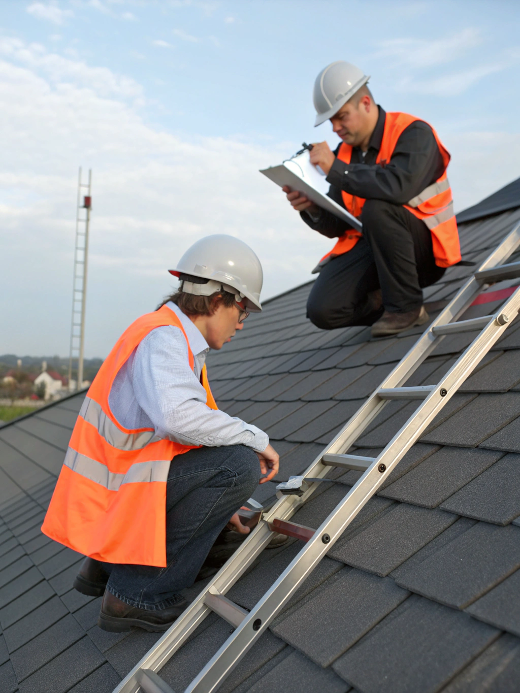 Professional team performing emergency storm damage roof repair